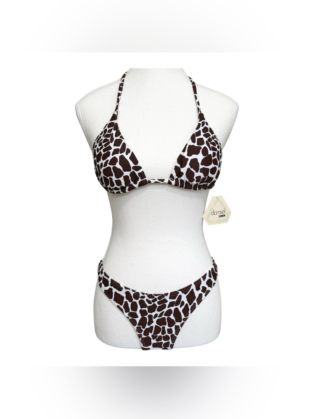 Damsel Eco Brown/White Cow Print Two Piece Bikini Set Size S High Waisted